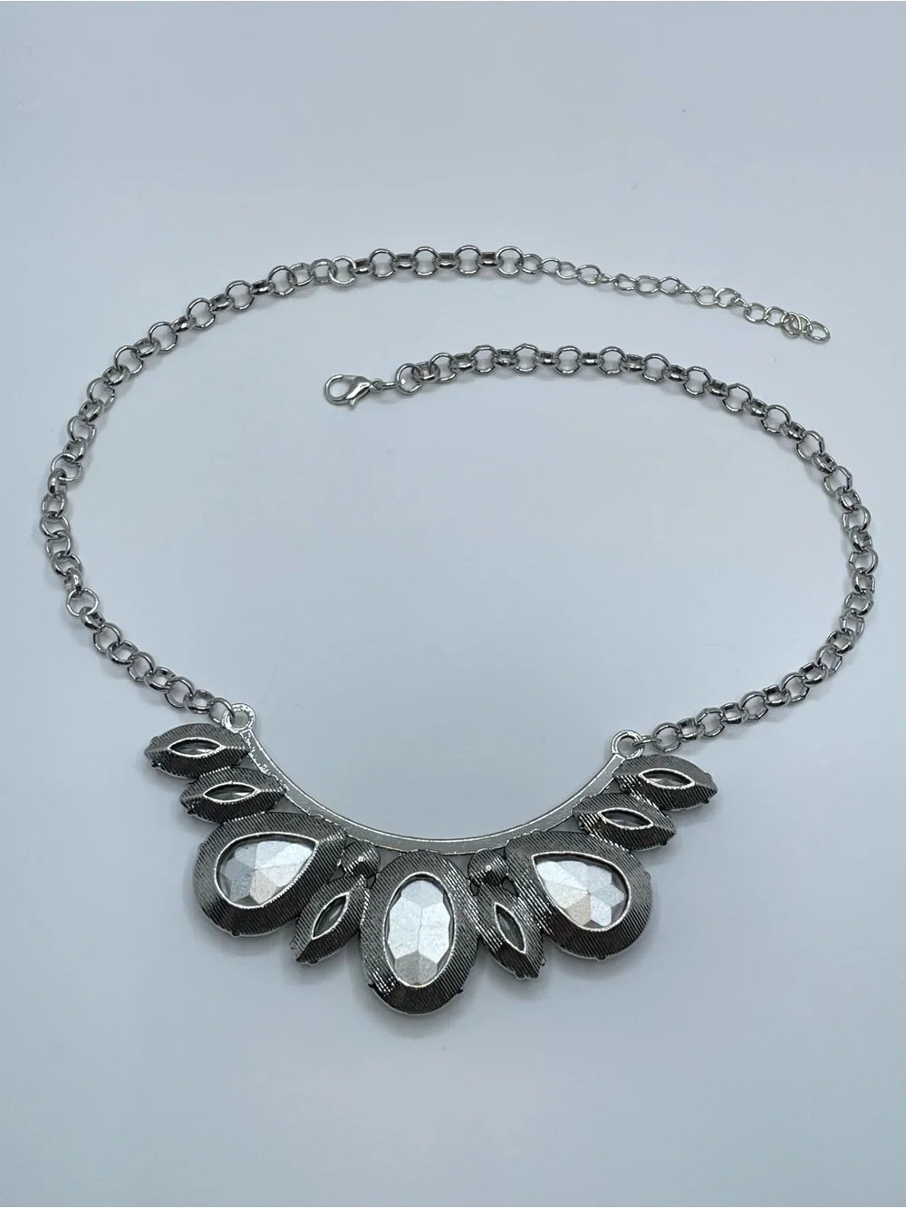 Silver AB Crystal Statement Bib Necklace Iridescent Glam Bold